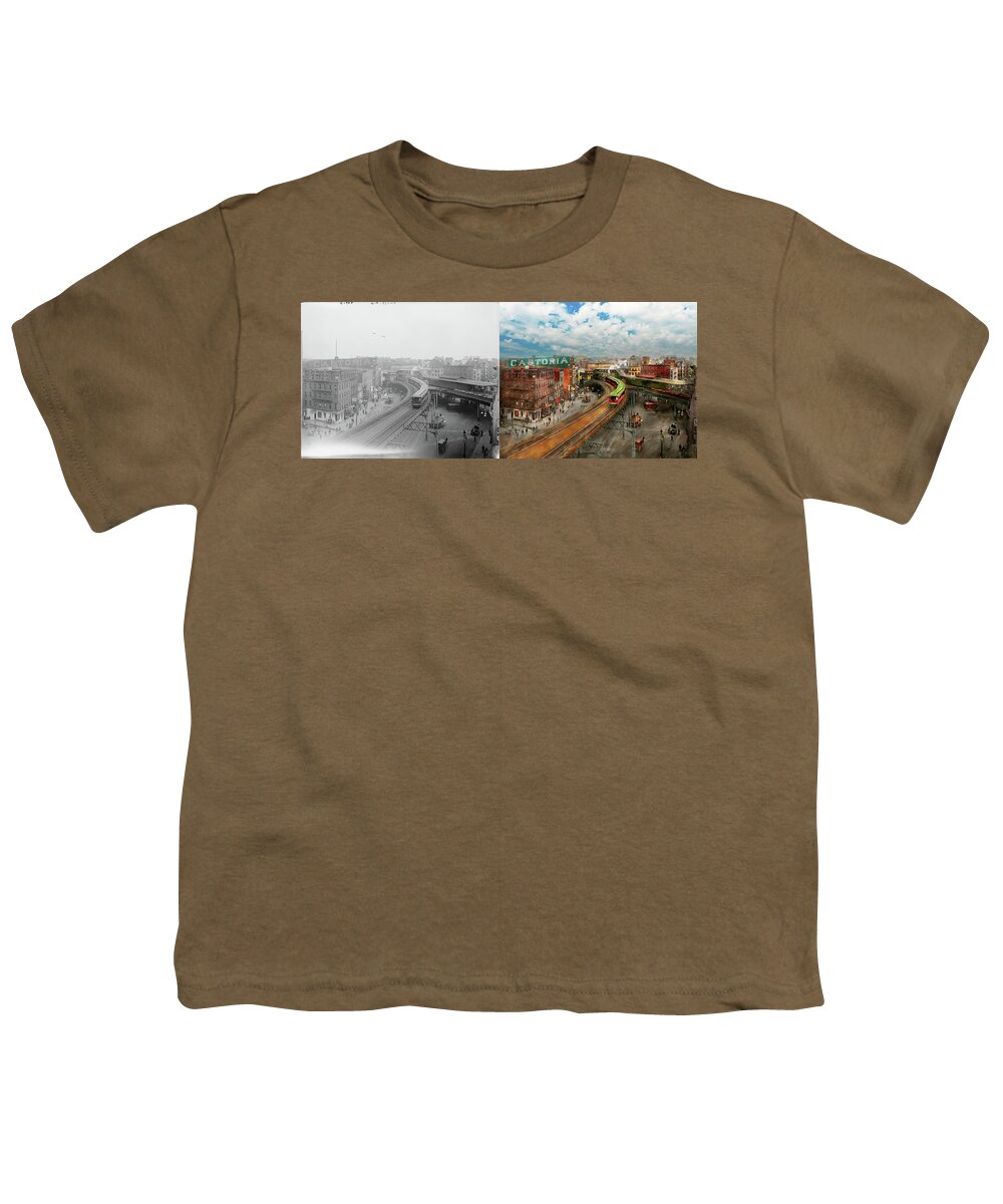 Self Youth T-Shirt featuring the photograph City - NY - Chatham Square 1900 - Side by Side by Mike Savad