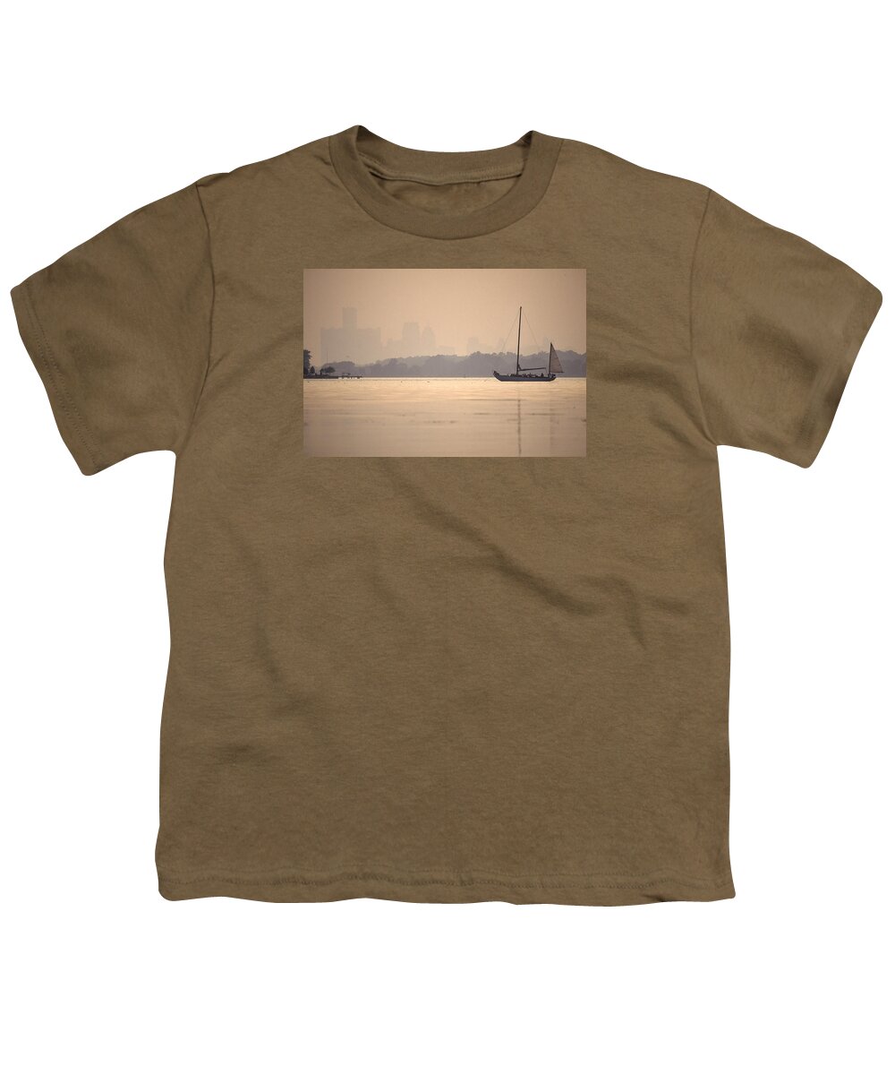 Peche Island Youth T-Shirt featuring the photograph Classic Boat Anchored in the Detrot River near Peche Island by John Harmon