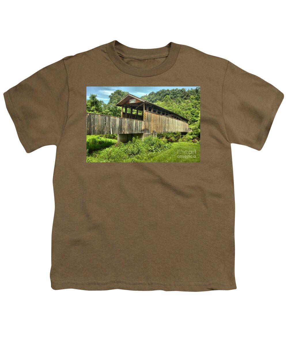 Claycomb Covered Bridge Youth T-Shirt featuring the photograph Claycomb Bridge In The Forest by Adam Jewell