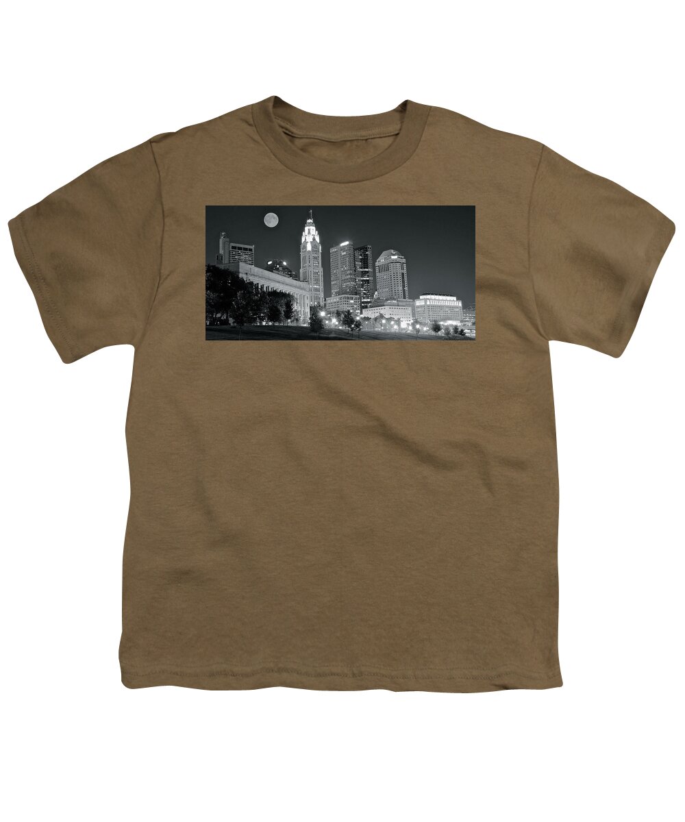 Columbus Youth T-Shirt featuring the photograph Columbus Grayscale Nightscape by Frozen in Time Fine Art Photography