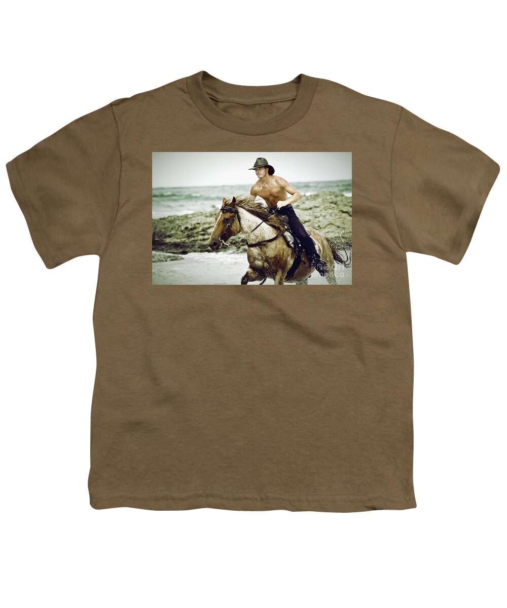 Horse Youth T-Shirt featuring the photograph Cowboy riding horse on the beach by Dimitar Hristov