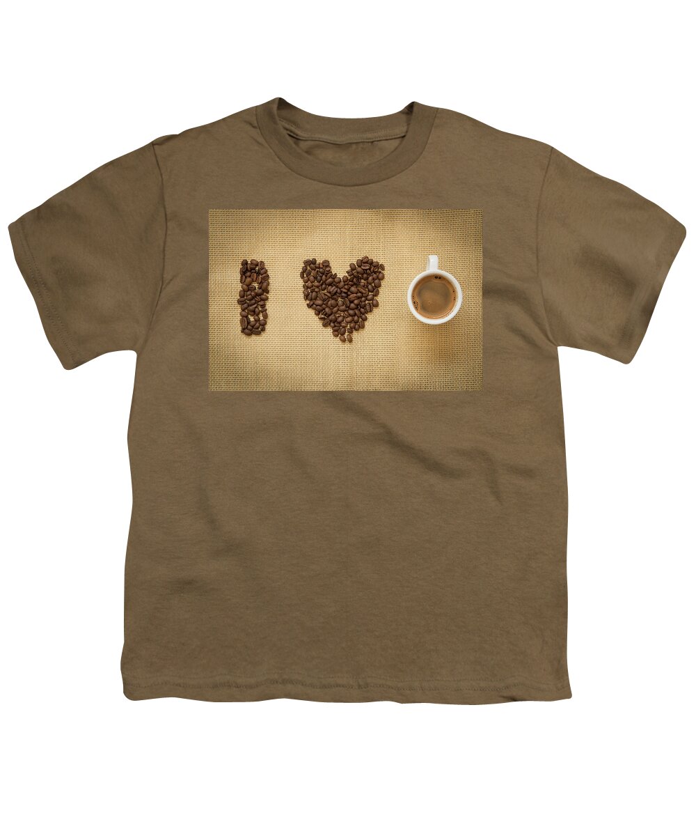 Cafe Youth T-Shirt featuring the photograph Cup of fresh espresso coffee and beans by Michalakis Ppalis