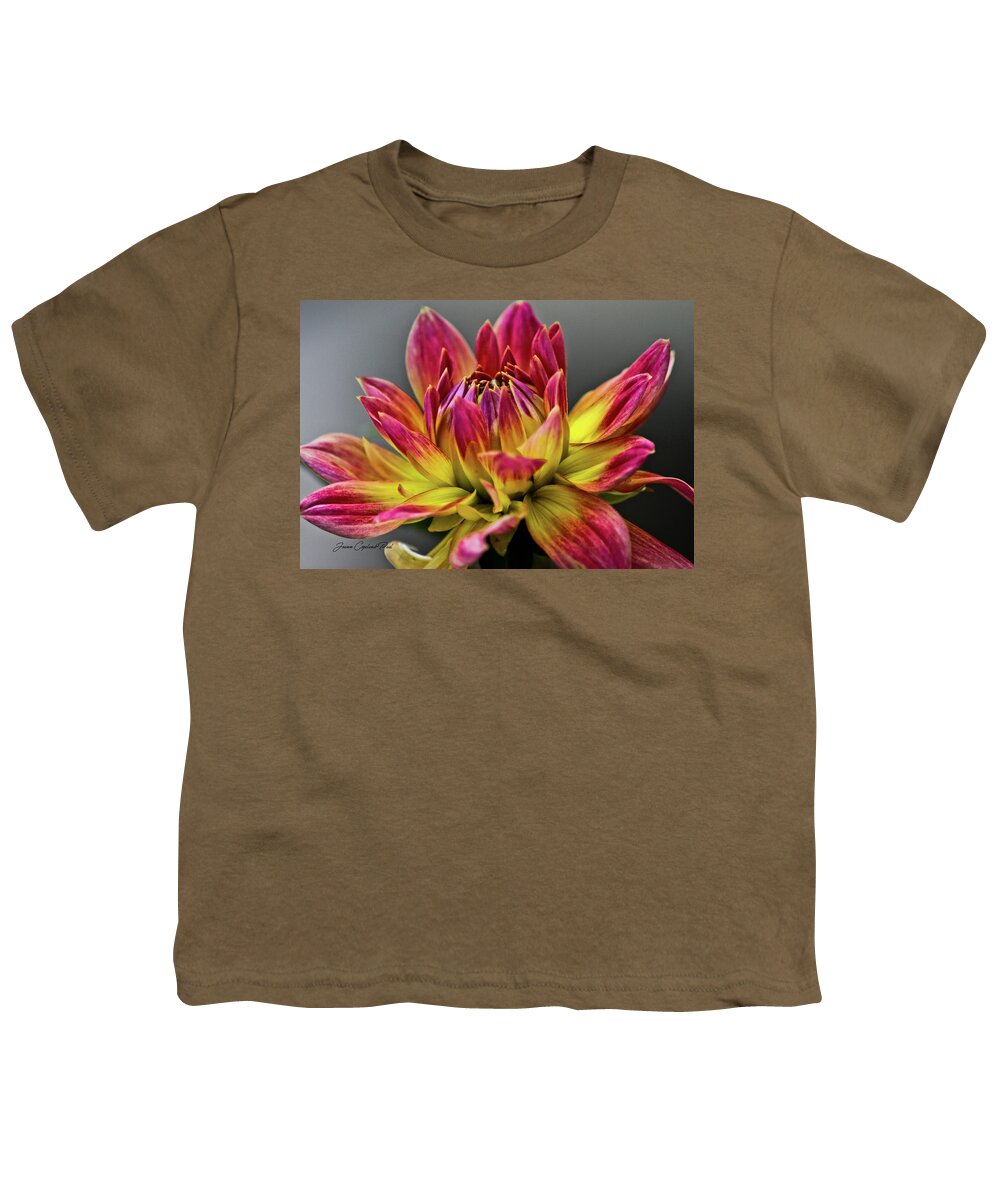Flower Photographs Youth T-Shirt featuring the photograph Dahlia Flame by Joann Copeland-Paul