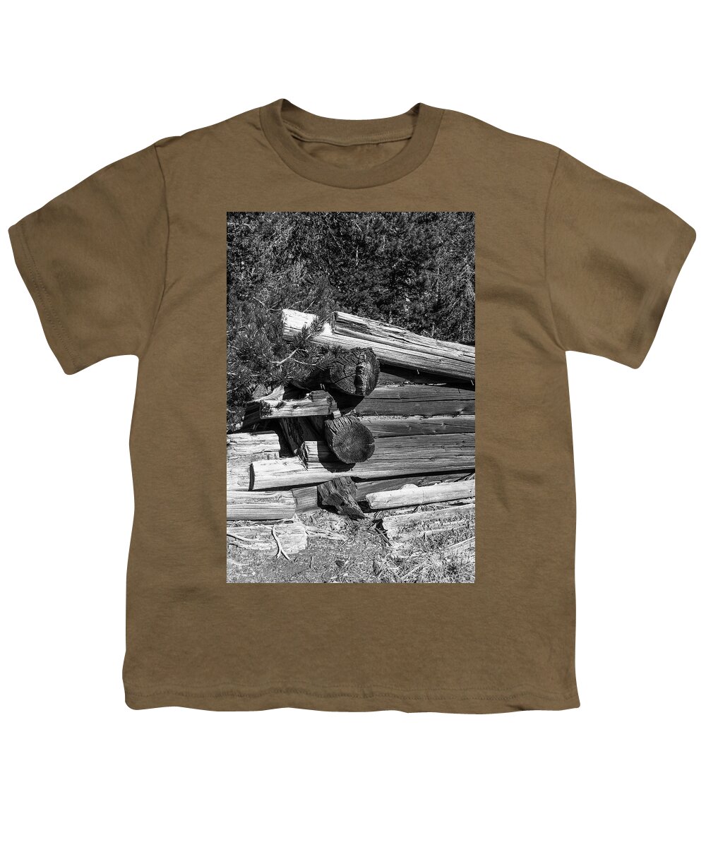 Ruins Youth T-Shirt featuring the photograph DDP DJD B and W 1880s Log Cabin Ruins Montana 2 by David Drew