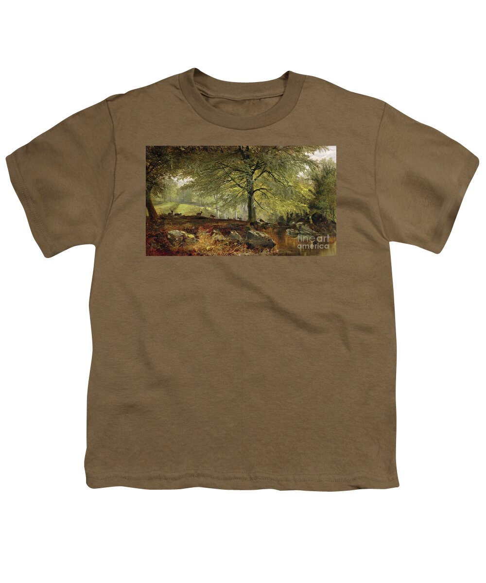 Deer Youth T-Shirt featuring the painting Deer in a Wood by Joseph Adam