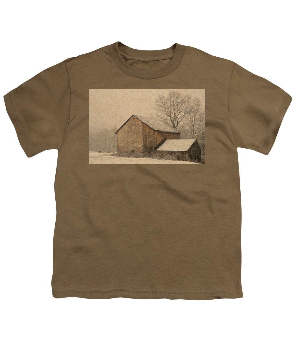 Barn Youth T-Shirt featuring the mixed media Elverson Barn by Trish Tritz