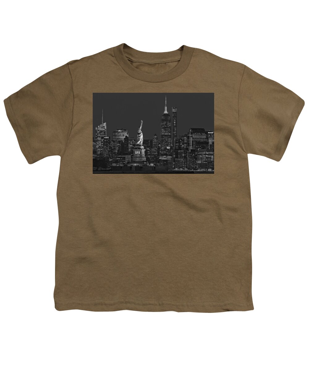 Statue Of Liberty Youth T-Shirt featuring the photograph Empire State And Statue Of Liberty II BW by Susan Candelario