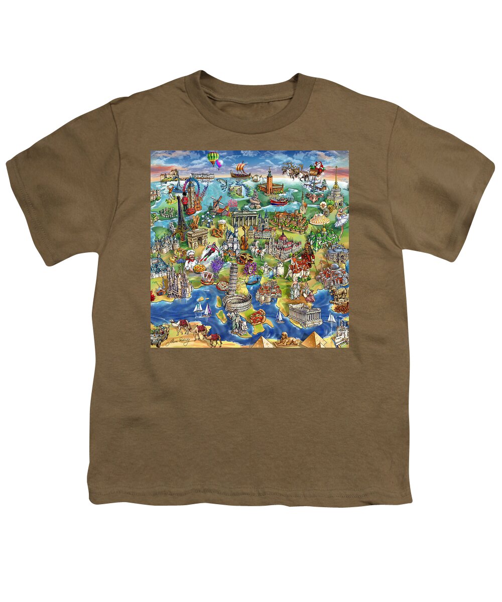 Europe Youth T-Shirt featuring the painting European World Wonders Illustrated Map by Maria Rabinky