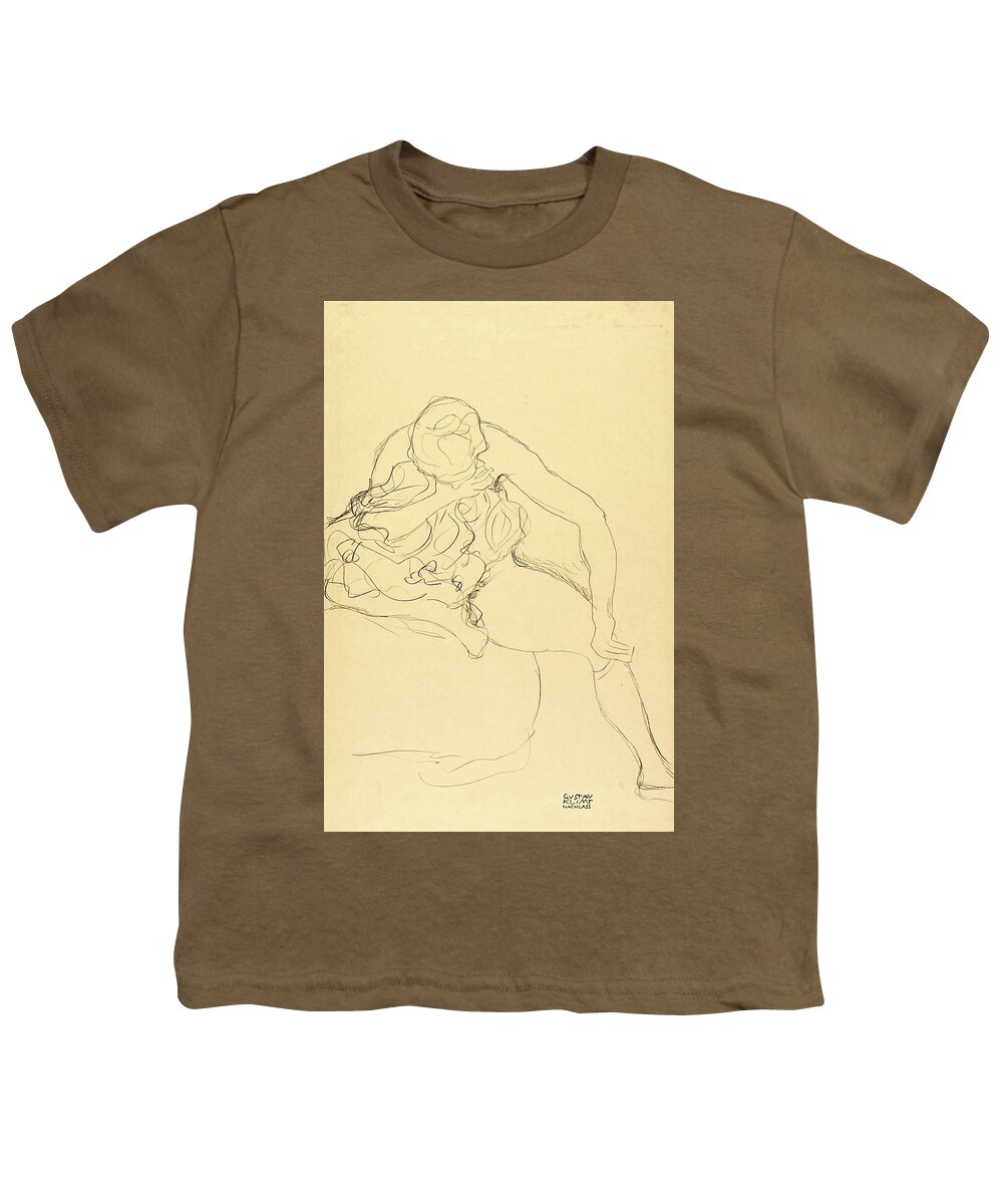 Gustav Klimt Youth T-Shirt featuring the drawing Female Nude Sitting on Bed by Gustav Klimt