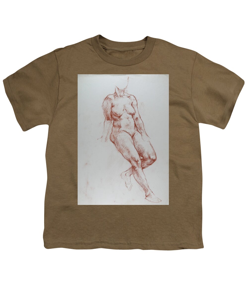  Youth T-Shirt featuring the drawing Female, perched on high seat, left leg bent back, leaning on right arm, student work. by Jon Falkenmire