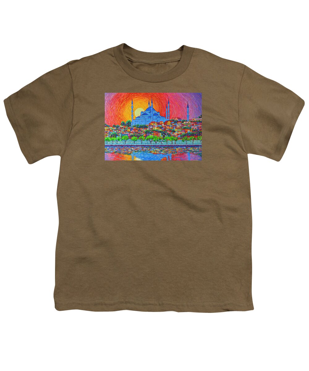 Istanbul Youth T-Shirt featuring the painting Fiery Sunset Over Blue Mosque Hagia Sophia In Istanbul Turkey by Ana Maria Edulescu