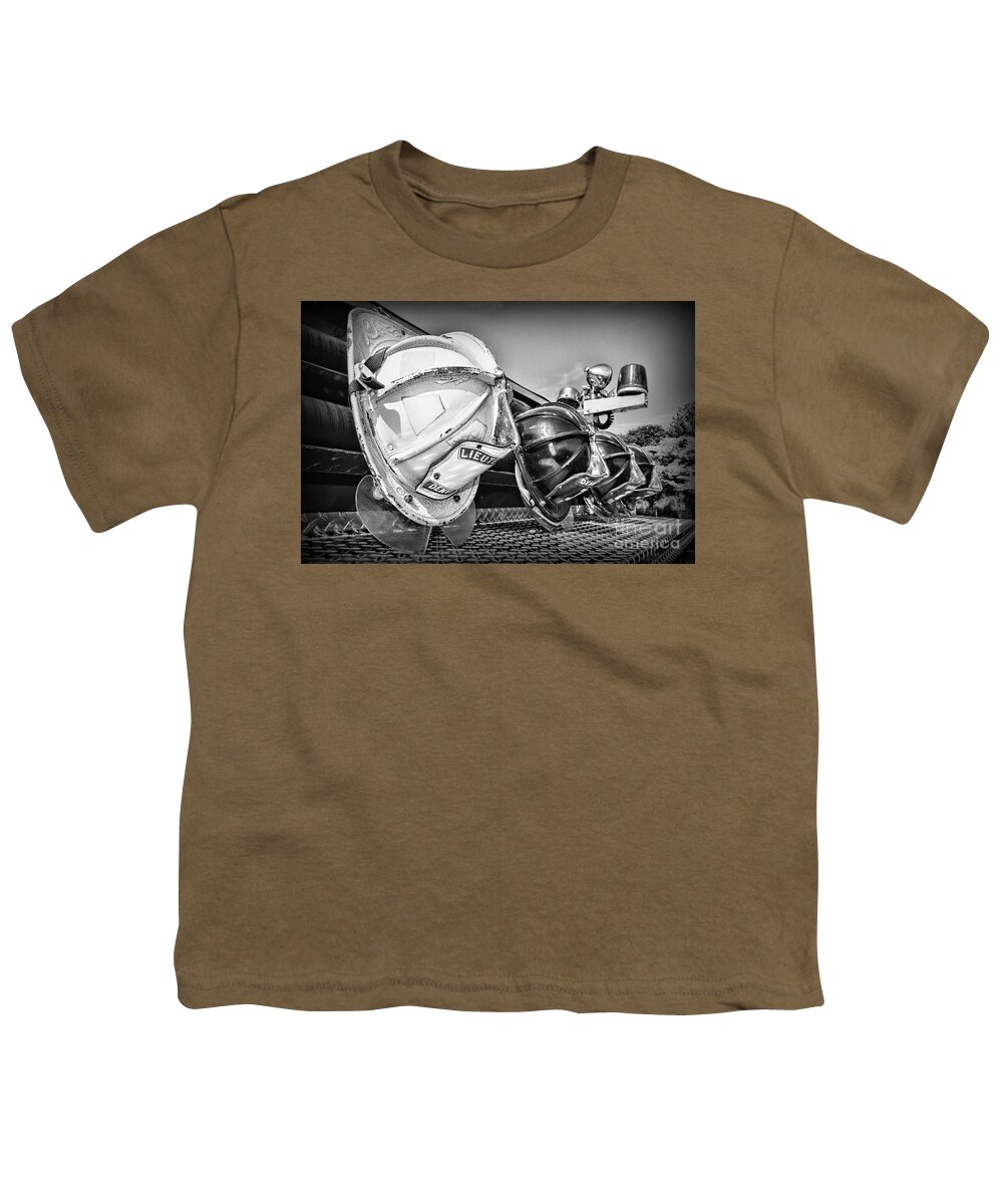 Paul Ward Youth T-Shirt featuring the photograph Fireman-Vintage Fire Helmet in black and white by Paul Ward