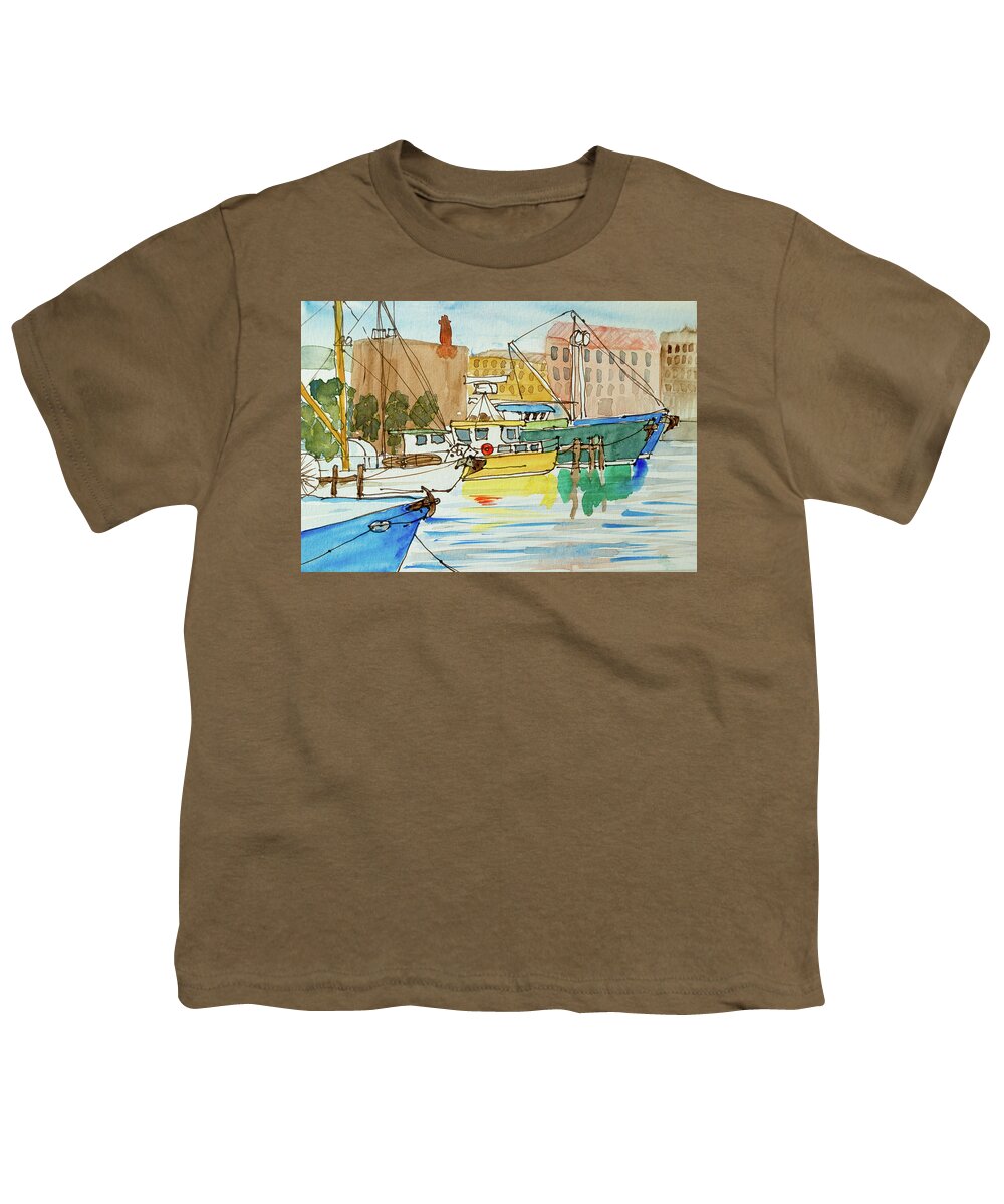 Australia Youth T-Shirt featuring the painting Fishing Boats in Hobart's Victoria Dock by Dorothy Darden