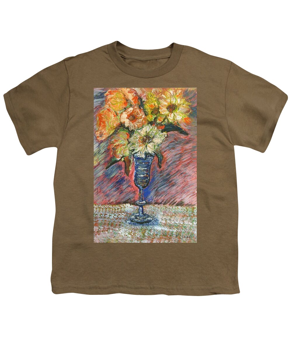 Flowers Wine Glass Vase Daisy Pastel Original Art Youth T-Shirt featuring the pastel Flowers in Wine Glass by Katt Yanda