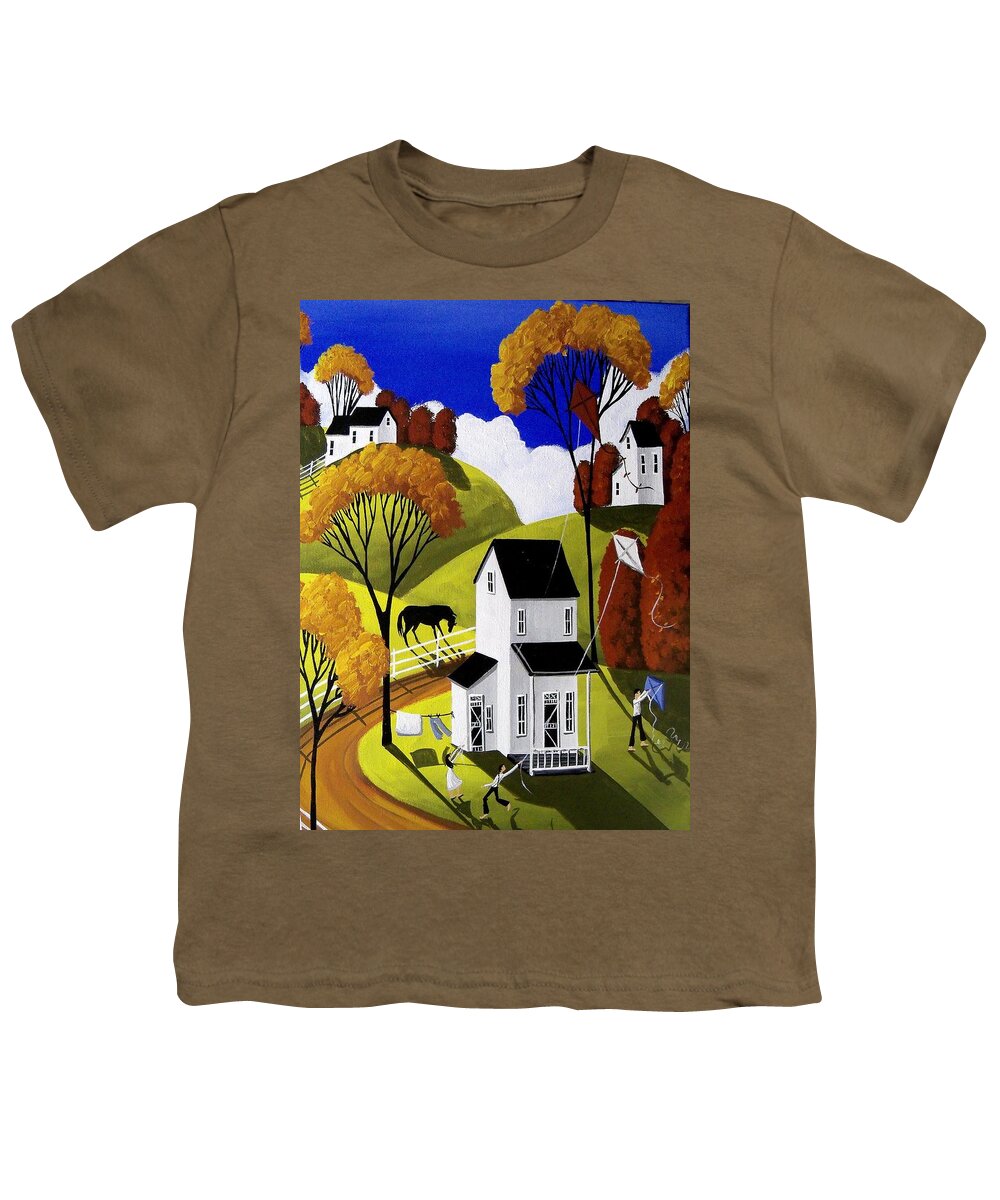 Folk Art Youth T-Shirt featuring the painting Fly My Kite With You by Debbie Criswell