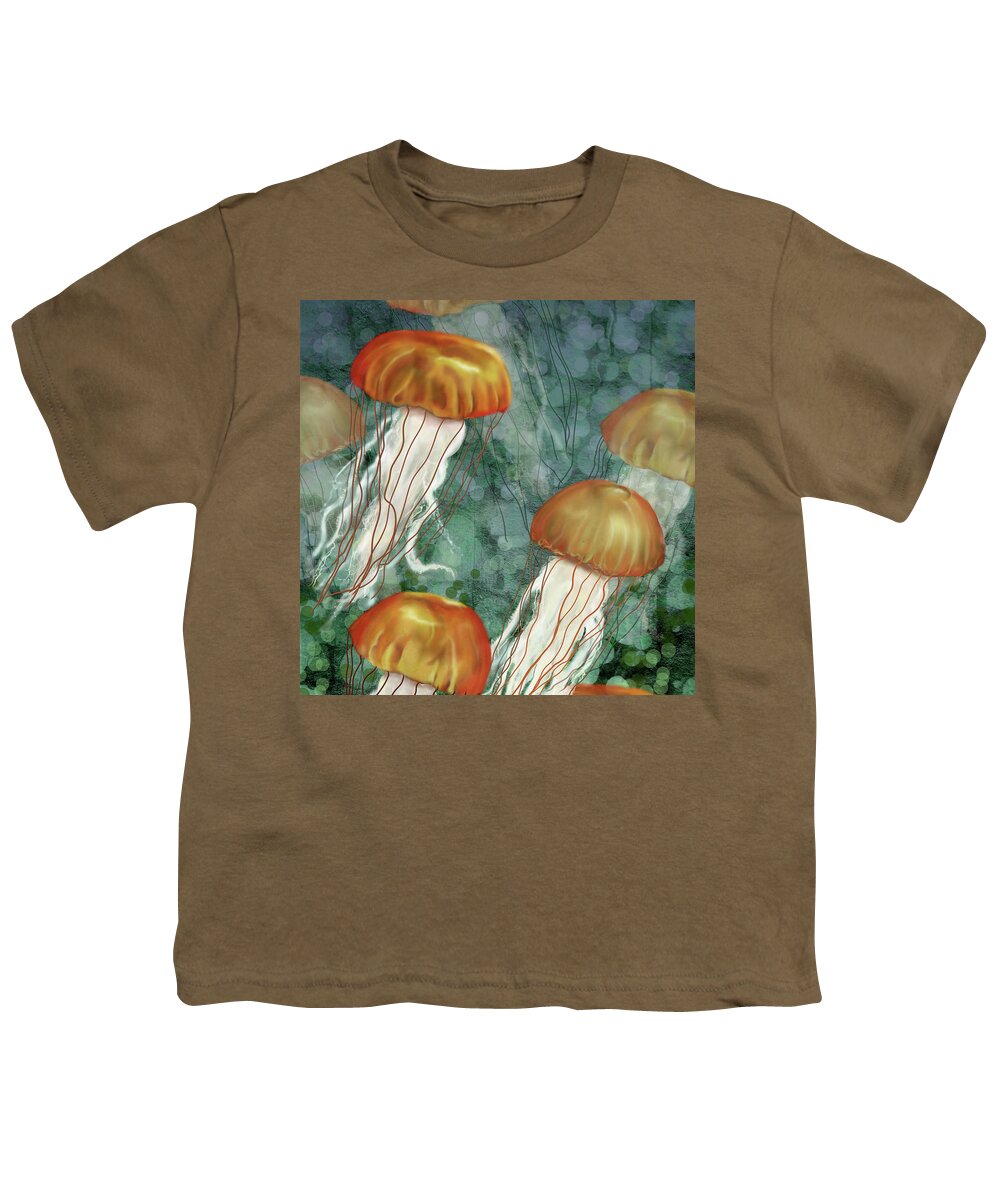 Jellyfish Youth T-Shirt featuring the digital art Golden Jellyfish in Green Sea by Sand And Chi