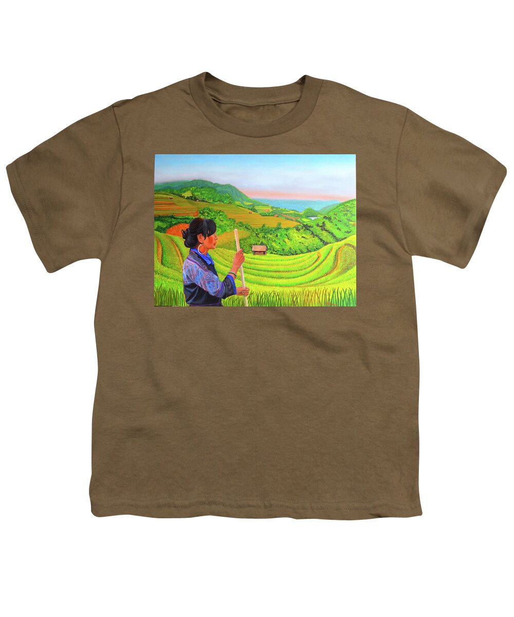 Black Hmong Youth T-Shirt featuring the painting Green Destiny by Thu Nguyen