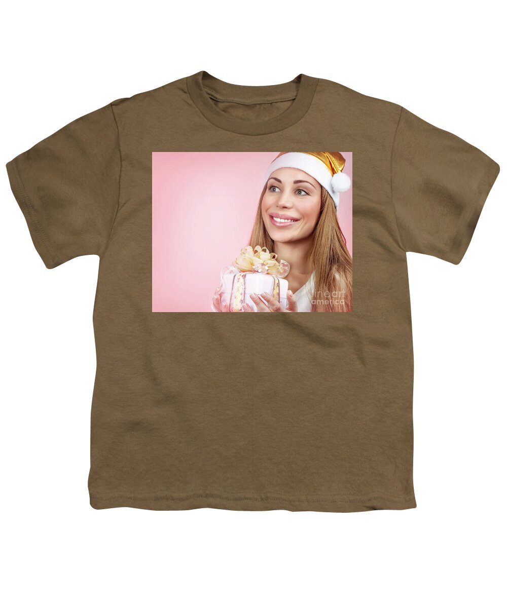 Adult Youth T-Shirt featuring the photograph Happy girl with Christmas gift by Anna Om