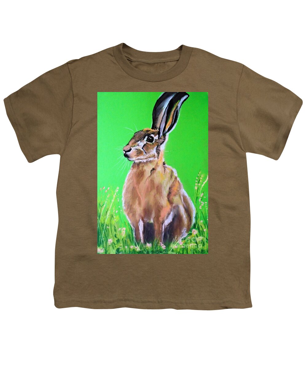 Hare Youth T-Shirt featuring the pastel Hare in Wild Flower Meadow by Angela Cartner