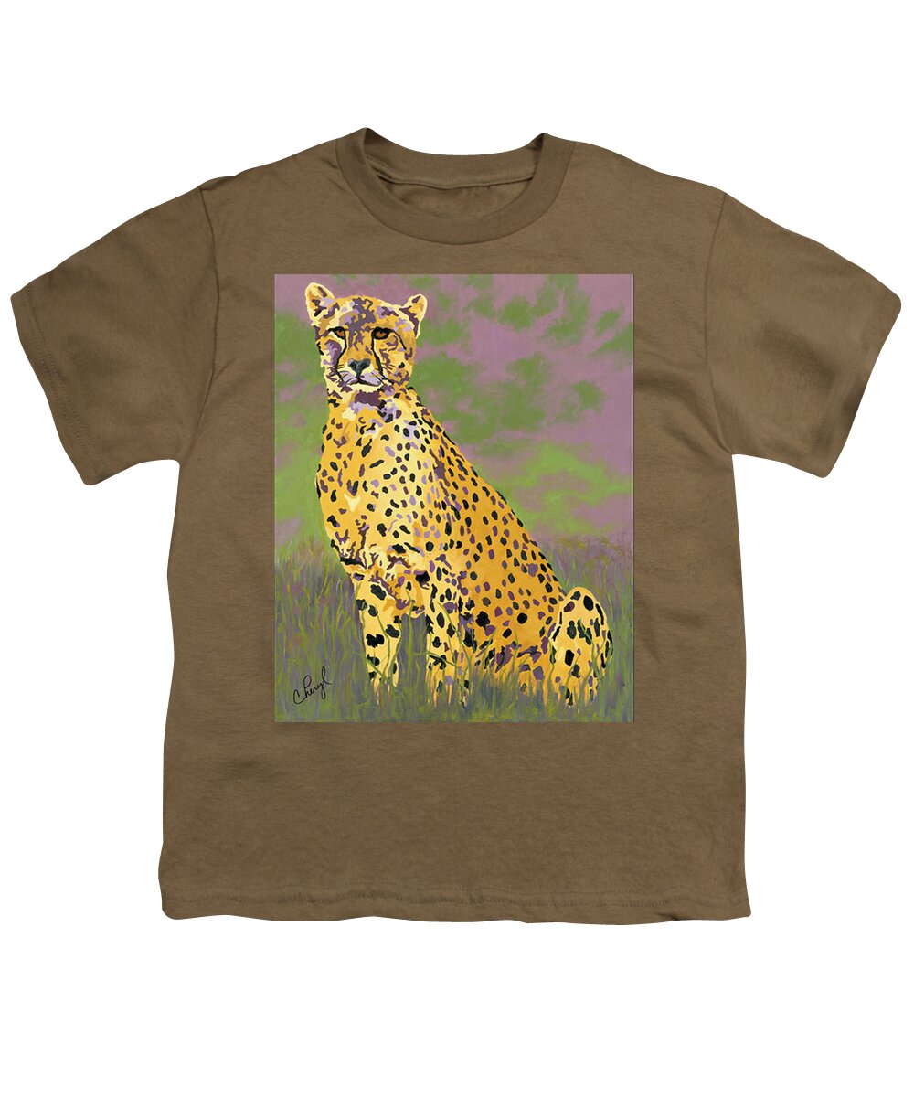 Cheetah Youth T-Shirt featuring the painting He Who Scratched Me by Cheryl Bowman