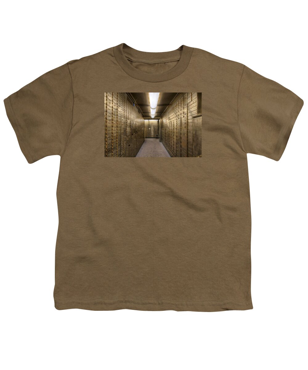 Safe; Deposit; Box; Historic; Bank; Basement; Grunge; Hdr; Monetary; Financial; Institution; Business; Portland; Oregon; United States; Us National Bank; Vault; Locked; Cash; Precious; Valuables; Metals; Personal; Jewelry; Safety; Secured; Youth T-Shirt featuring the photograph Historic Bank Safe Deposit Box by David Gn