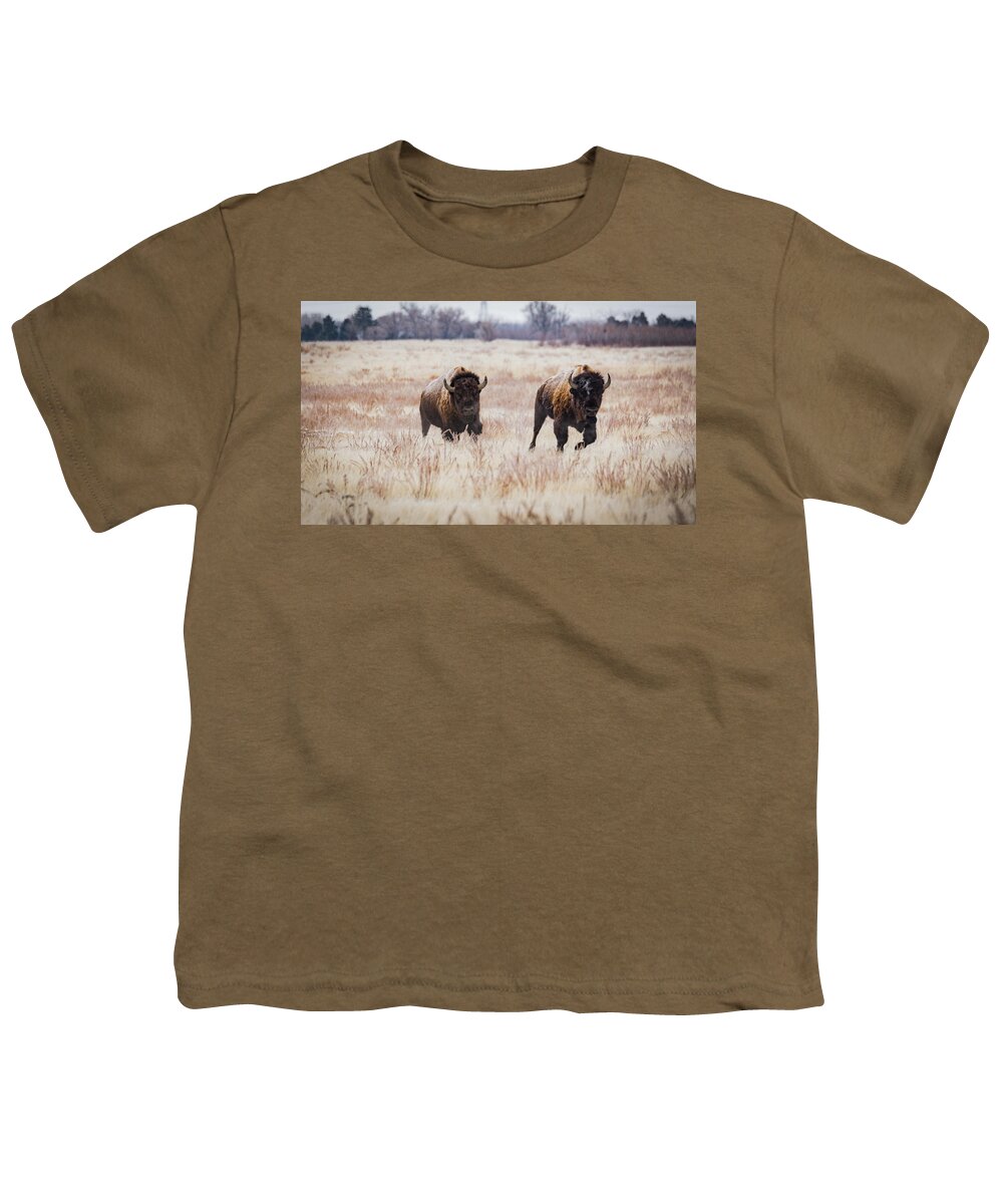 2018 Youth T-Shirt featuring the photograph Incoming-Bison on the Run by Kelly Kennon