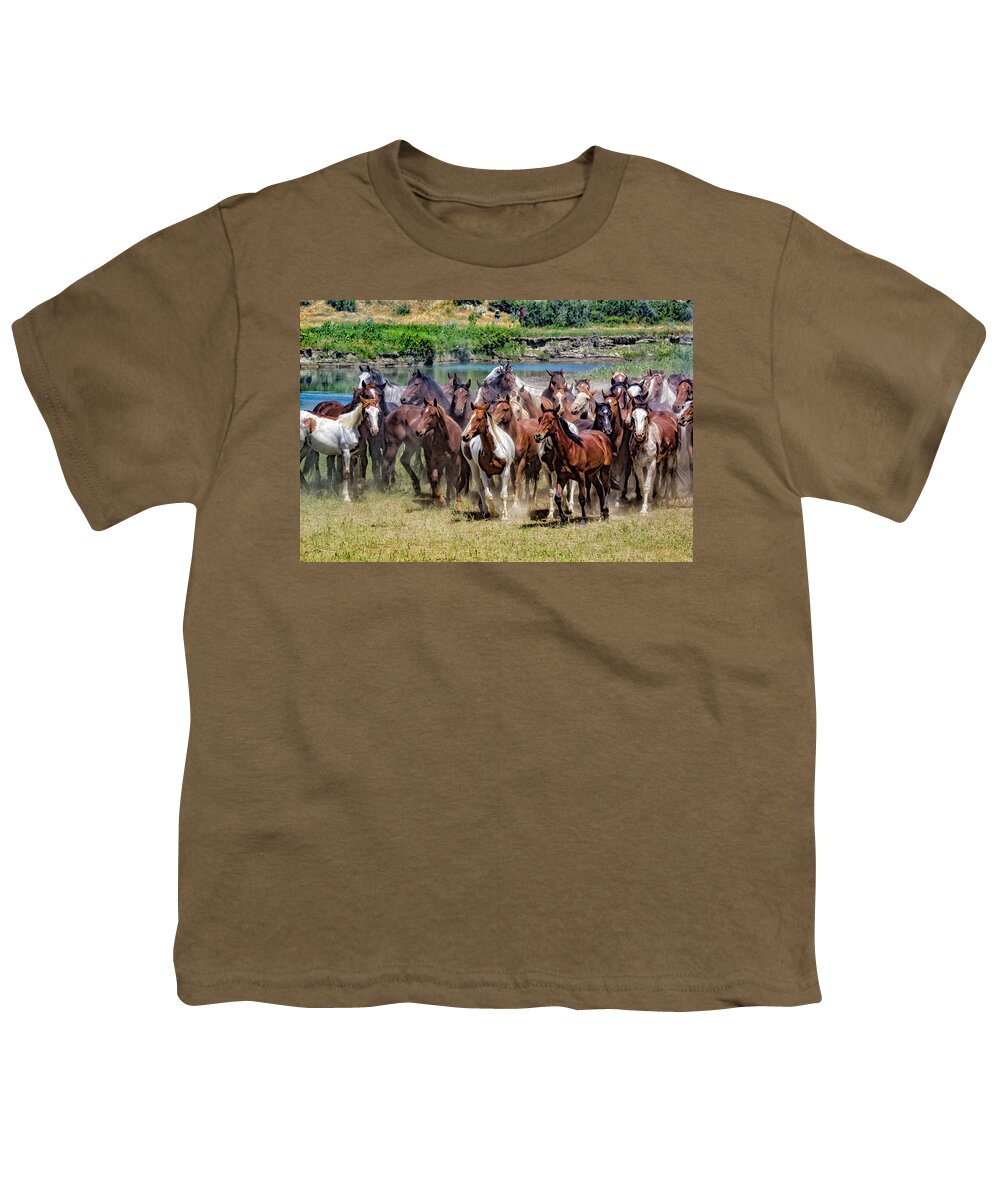 Little Bighorn Re-enactment Youth T-Shirt featuring the photograph Indian Horse Roundup 1 by Donald Pash