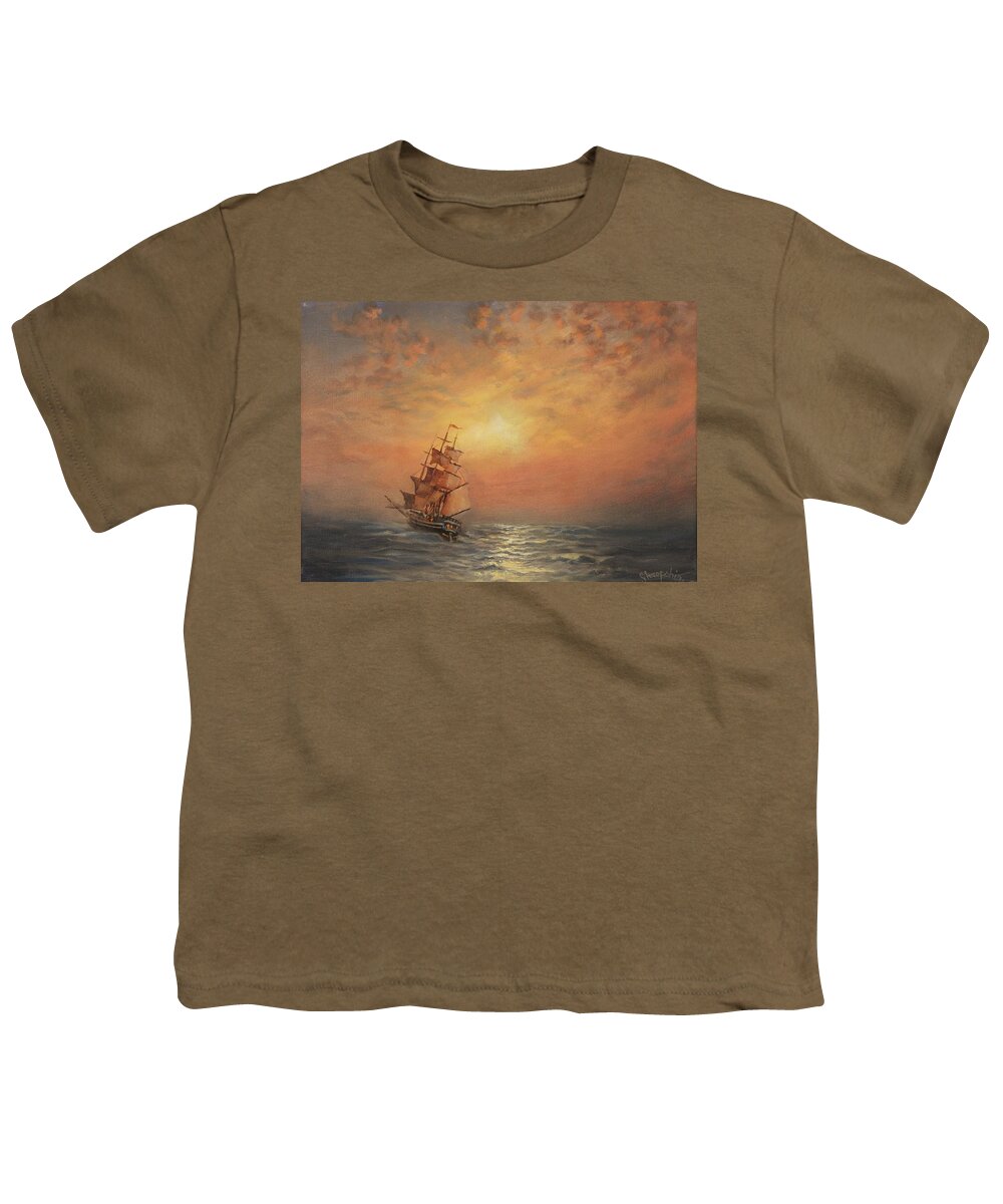 Sailing Ship Youth T-Shirt featuring the painting Into the Sunset by Tom Shropshire