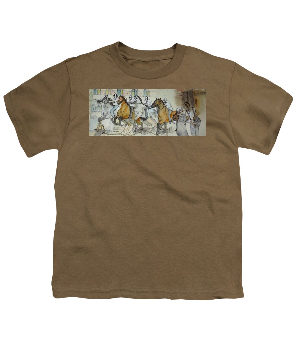 Italy. Il Palio. Siena.italy. Landscape. Cityscape. Equine. Figures. Youth T-Shirt featuring the painting Italy love scroll by Debbi Saccomanno Chan