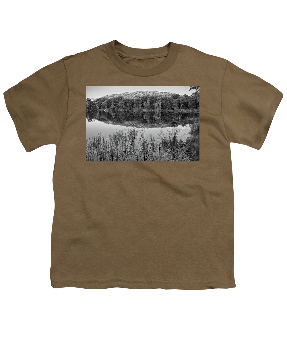 Haverhill Youth T-Shirt featuring the photograph Kenoza Lake Reflection Haverhill MA Black and White by Toby McGuire