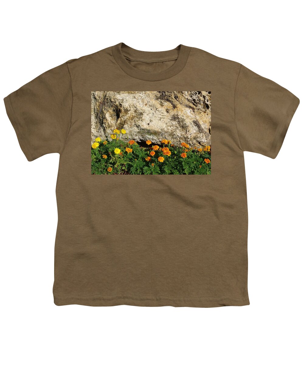 Limestone Youth T-Shirt featuring the photograph Limestone Boulder and Marigolds by Richard Rizzo