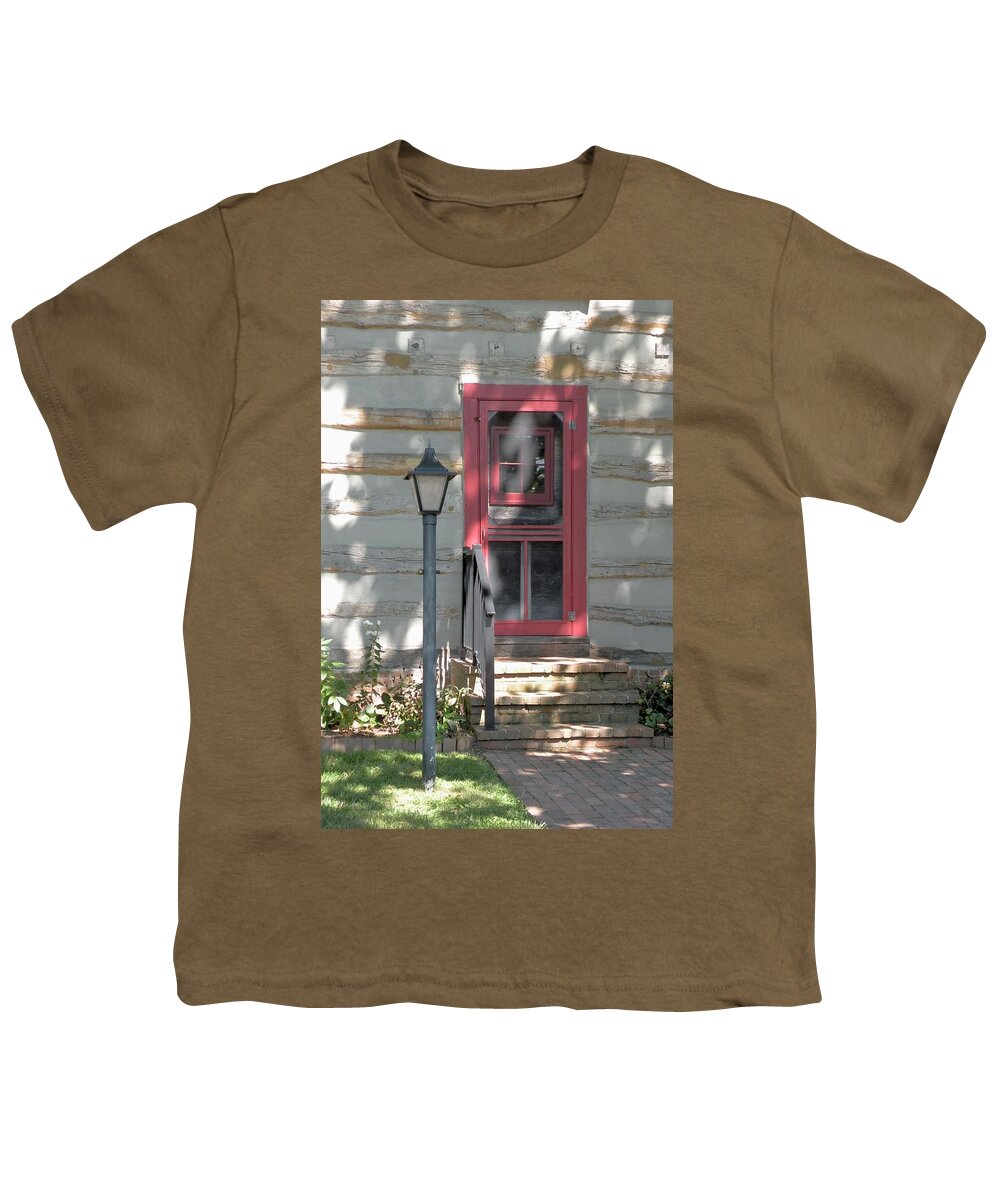 Log Cabin Youth T-Shirt featuring the photograph Log Cabin Door in Lewes Delaware by Kim Bemis