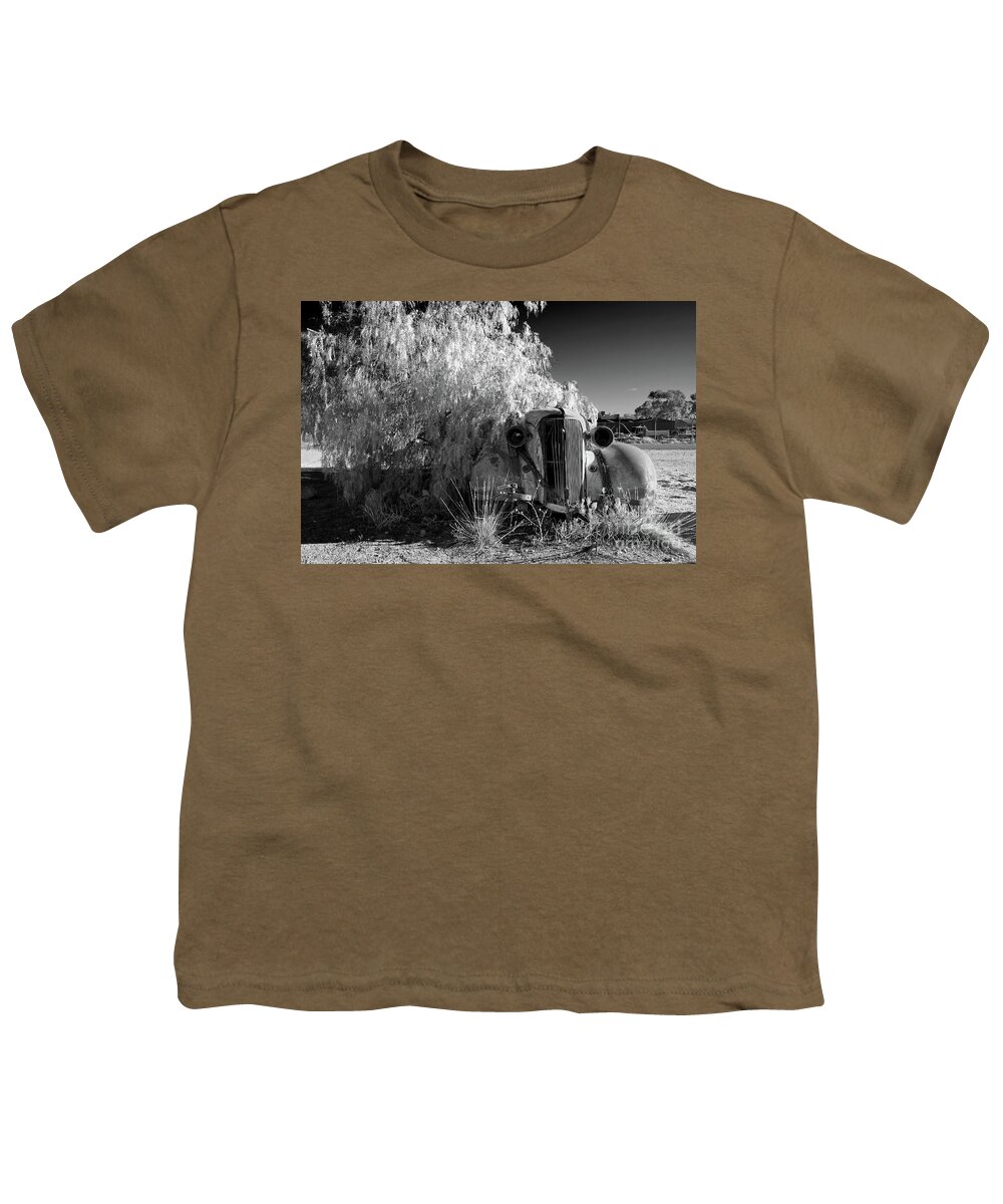 Broken Hill Nsw New South Wales Australian Old Car Pepper Tree Monochrome Mono B&w Black And White Youth T-Shirt featuring the photograph Long Term Parking by Bill Robinson