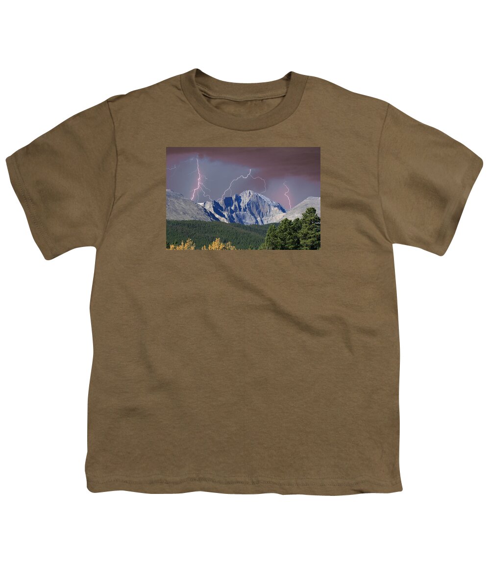 Longs Peak Youth T-Shirt featuring the photograph Longs Peak Lightning Storm Fine Art Photography Print by James BO Insogna