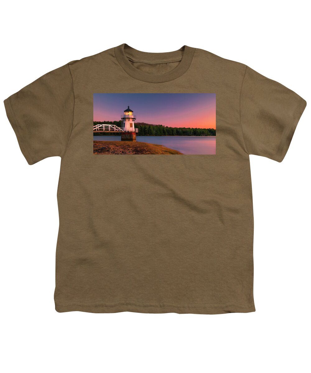 Maine Youth T-Shirt featuring the photograph Maine Doubling Point Lighthouse in New Brunswick on Kennebeck River Sunset by Ranjay Mitra