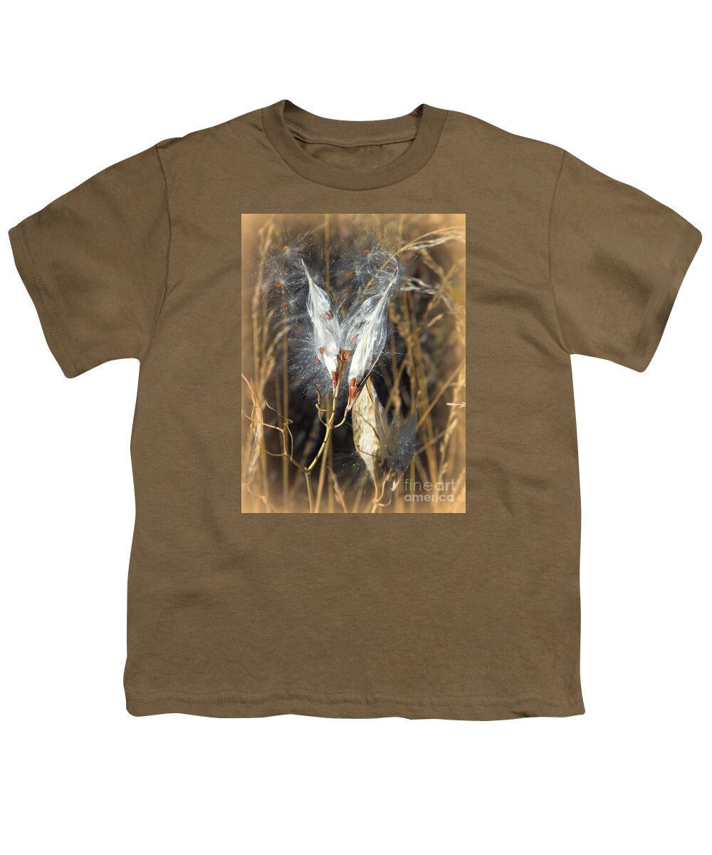 Milk Weed Pods Open Up And Their Silks Begin To Unfurl With The Seeds Into The Fall Air Southwestern Colorado Youth T-Shirt featuring the digital art Milk weed pods by Annie Gibbons