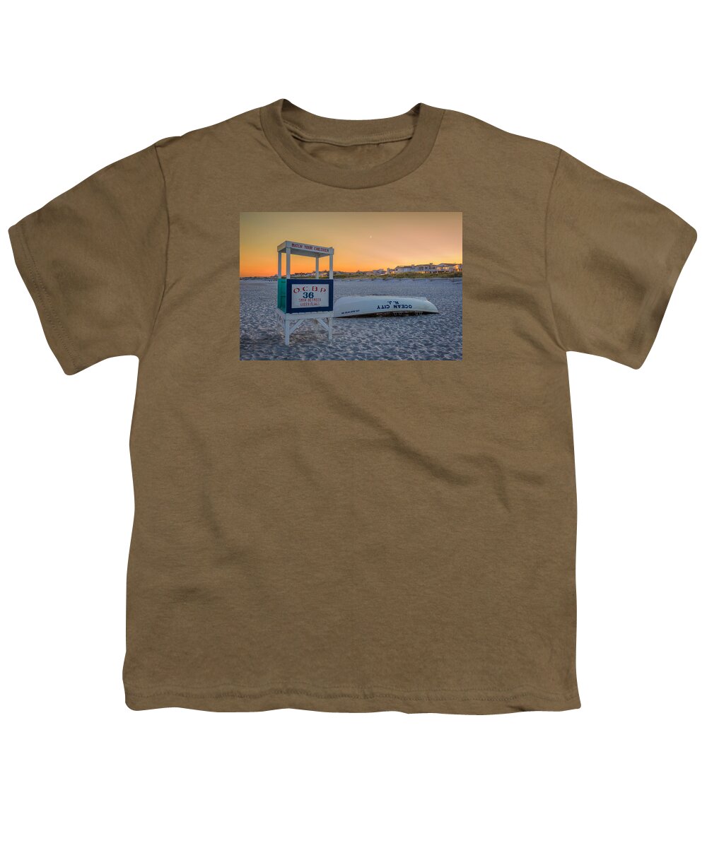Moon Youth T-Shirt featuring the photograph Moon over Lifeboat at Sunset by Mark Rogers