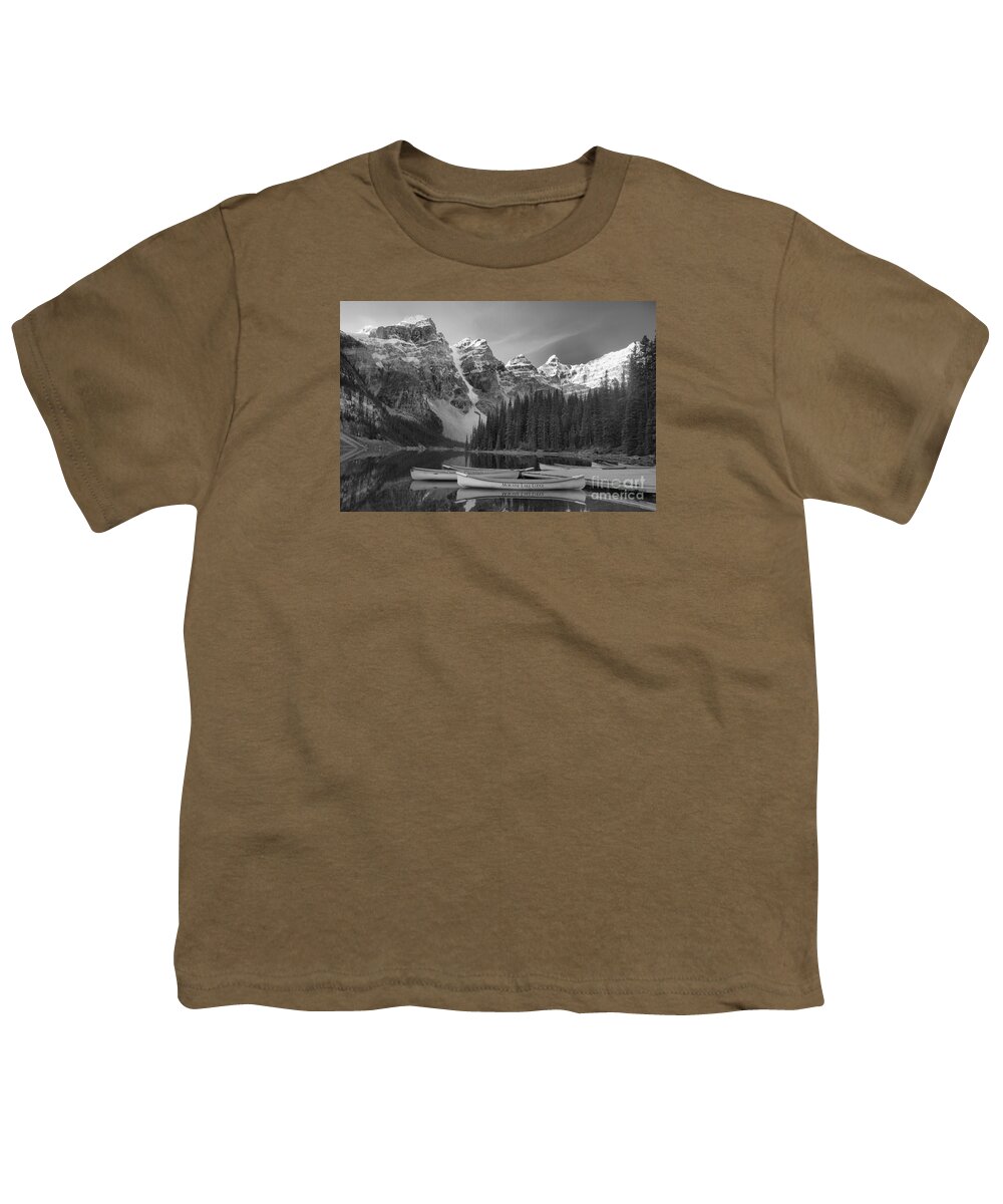 Moraine Lake Moraine Lake Black And White Youth T-Shirt featuring the photograph Moraine Lake In Black And White by Adam Jewell