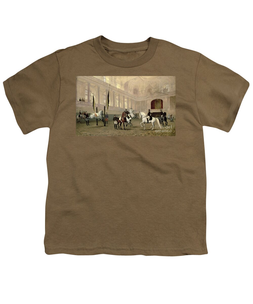 Morning Youth T-Shirt featuring the painting Morning Exercise in the Hofreitschule by Julius von Blaas