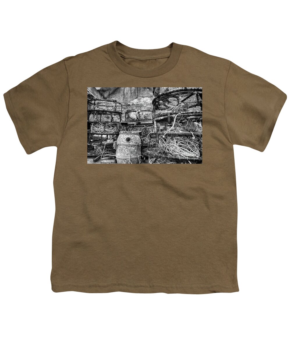 Oregon Youth T-Shirt featuring the photograph Old Fishing Gear in Black and White by Paul Quinn