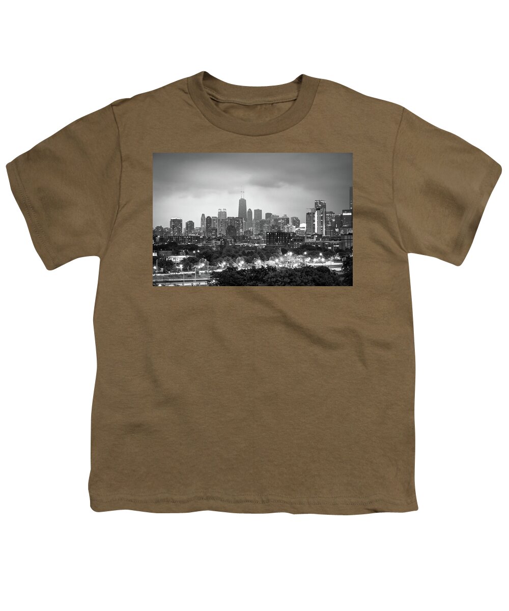 America Youth T-Shirt featuring the photograph Ominous Skies Over Chicago City Skyline - BW by Gregory Ballos