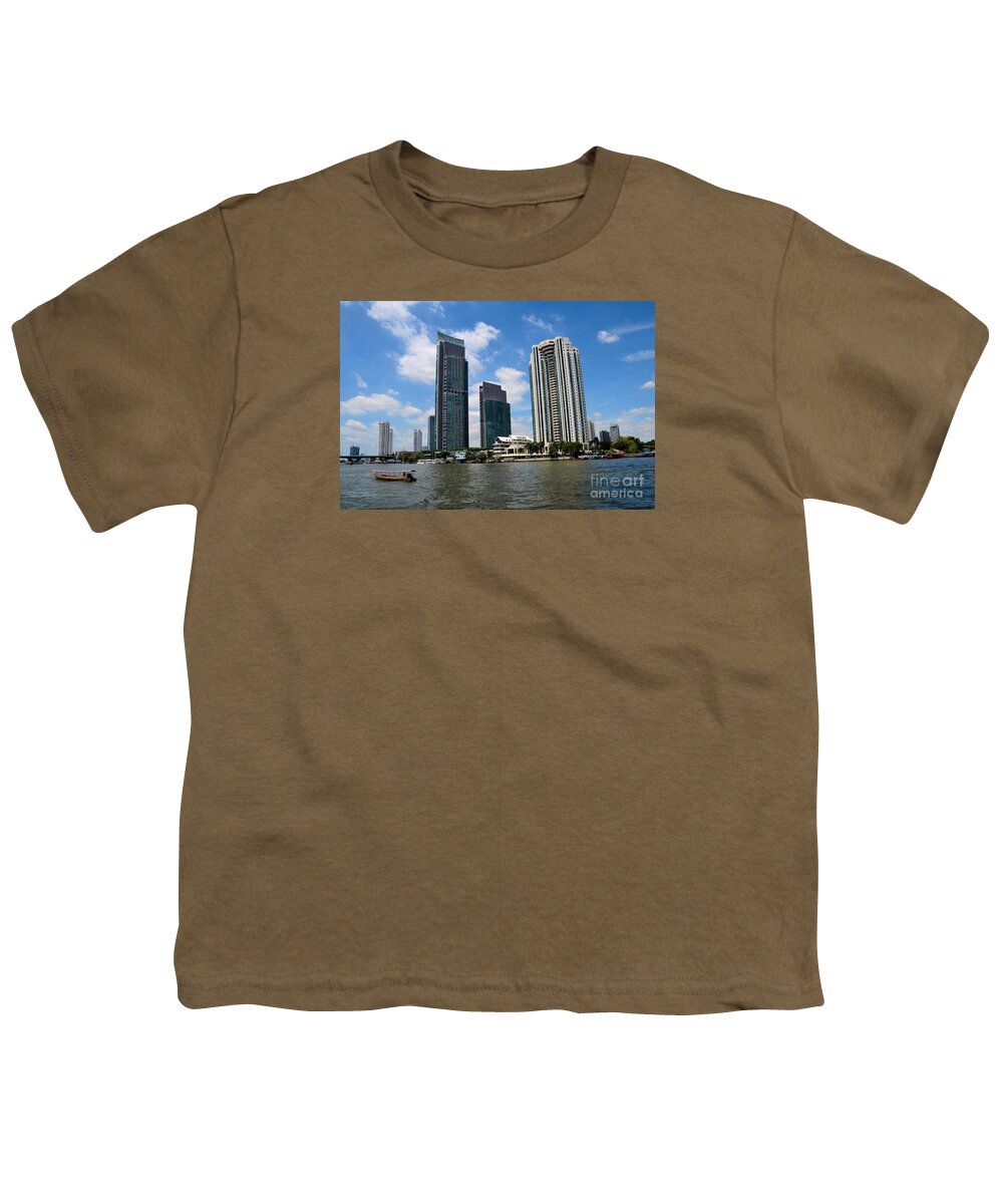 Bangkok Youth T-Shirt featuring the photograph Peninsula Hotel skyscrapers and boat across Chao Phraya River Bangkok Thailand by Imran Ahmed
