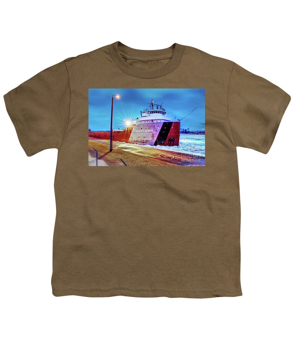 Great Lake Freighter Youth T-Shirt featuring the photograph Philip R.Clarke West Pier Sault Ste.Marie Michigan -3124 by Norris Seward