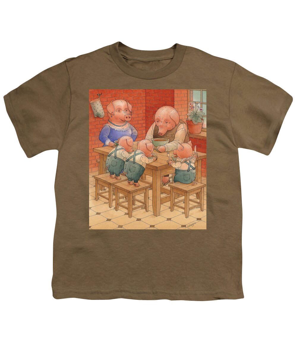 Animals Pig Kitchen Food Family Youth T-Shirt featuring the painting Pigs by Kestutis Kasparavicius