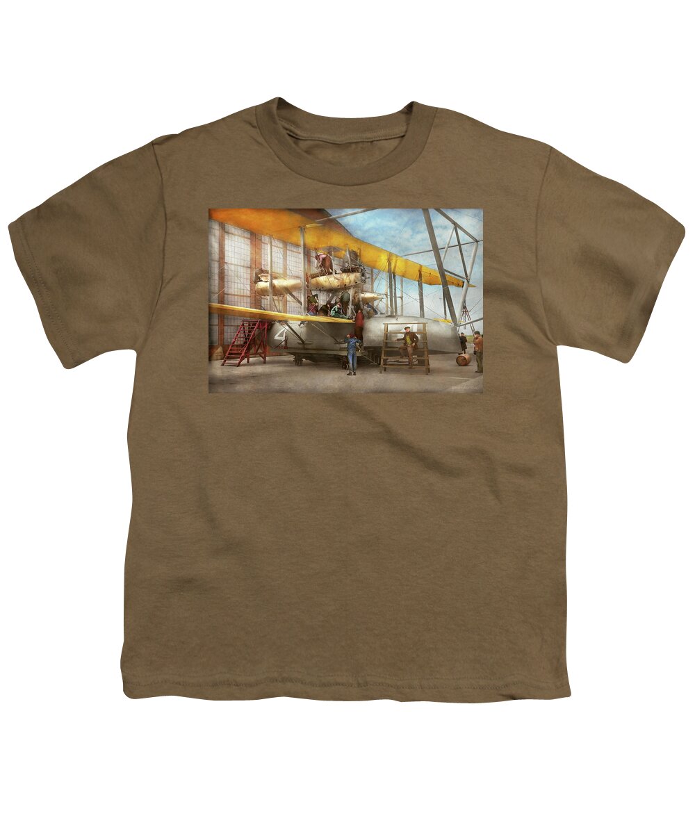 Color Youth T-Shirt featuring the photograph Plane - Biplane - Getting ready for a long flight 1919 by Mike Savad