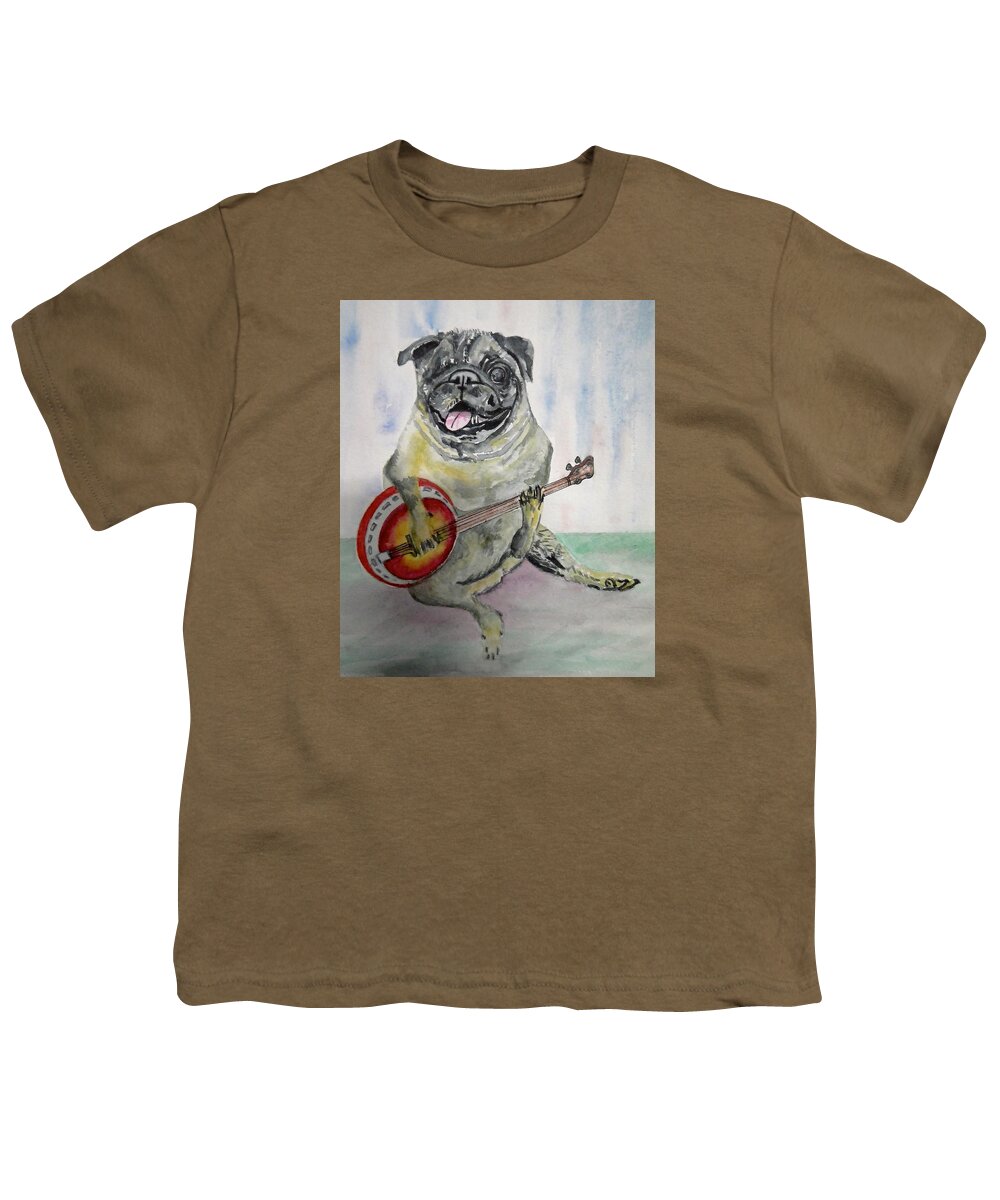 Dog Youth T-Shirt featuring the painting Pug with Banjo by Anna Ruzsan