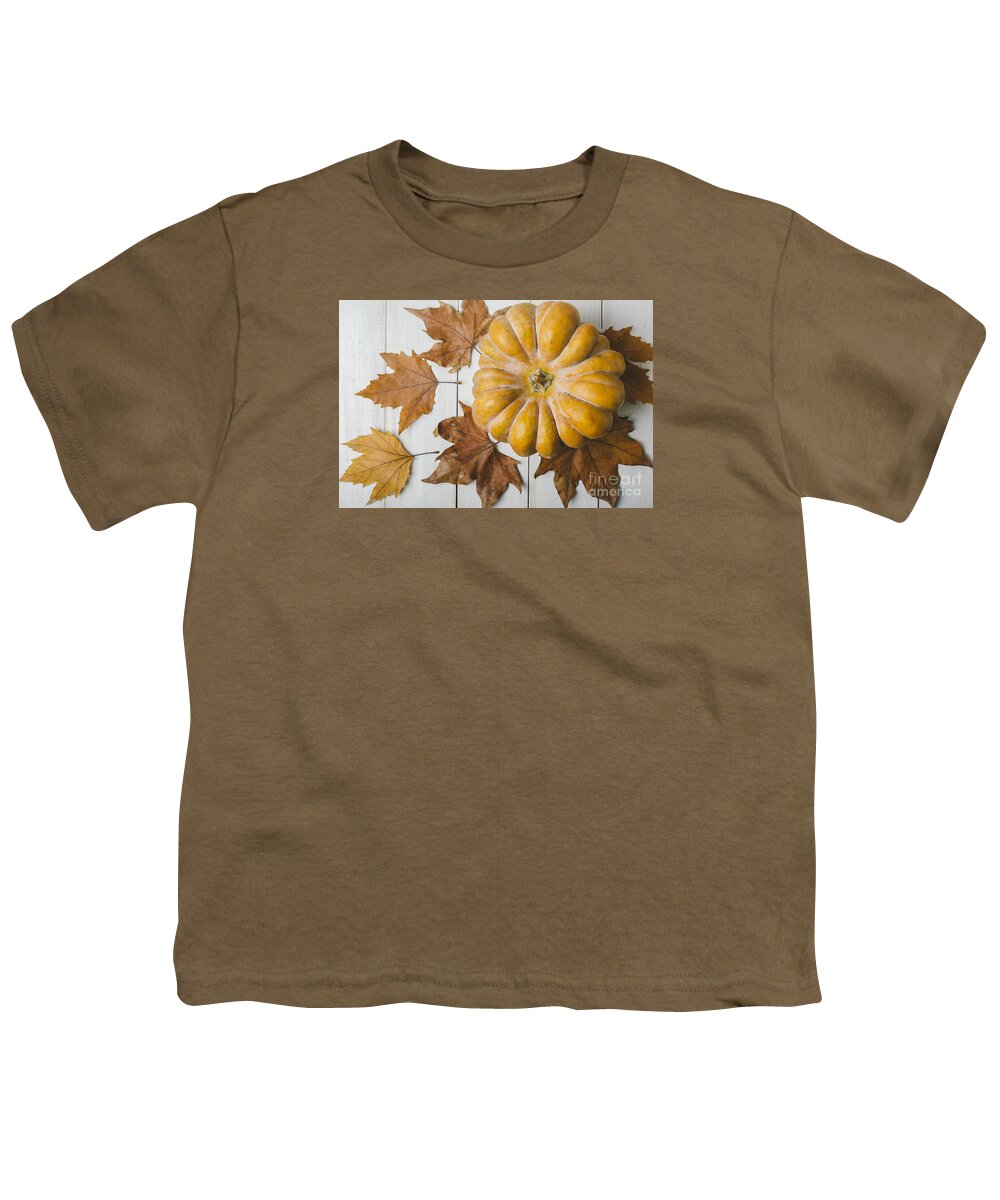 Pumpkin Youth T-Shirt featuring the photograph Pumkin and maple leaves by Jelena Jovanovic