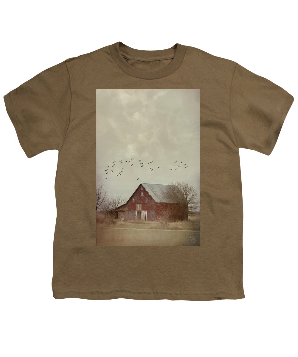 Nebraska Youth T-Shirt featuring the photograph Red Barn and Cranes by Debra Boucher