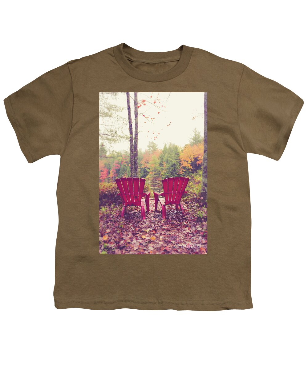 Vermont Youth T-Shirt featuring the photograph Red chairs by the lake by Edward Fielding