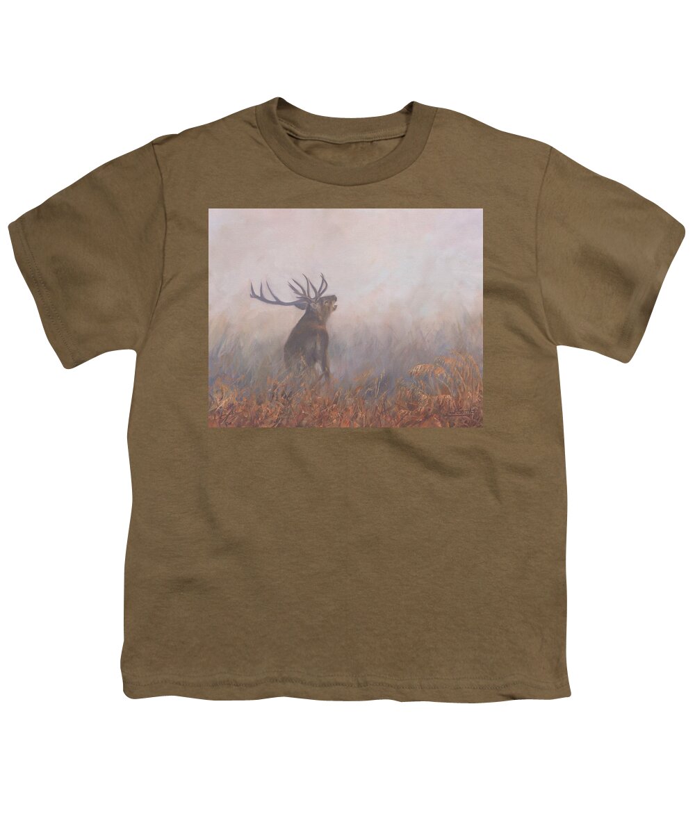 Deer Youth T-Shirt featuring the painting Red Deer Stag Early Morning by David Stribbling